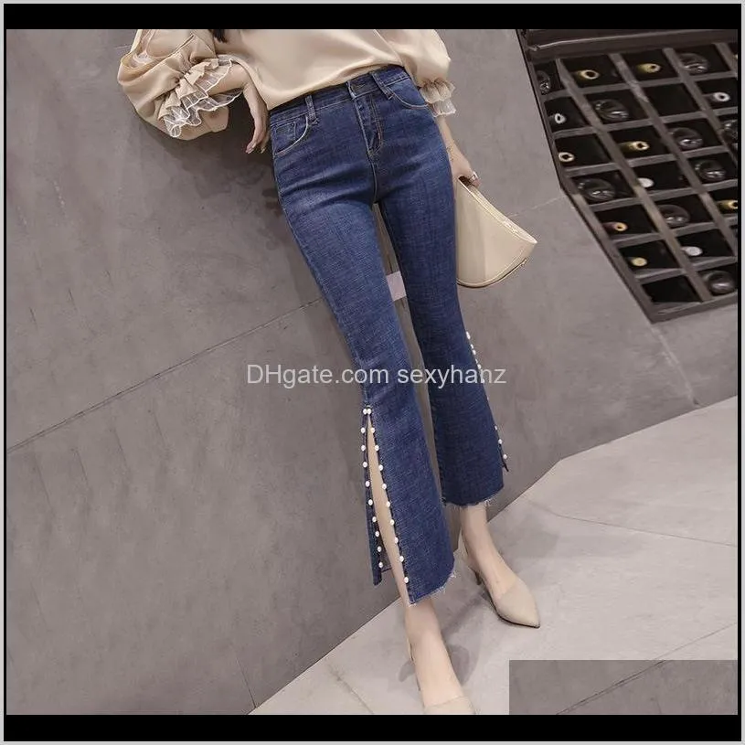 new arrival korean wild beaded fork high waist slim nine points jeans women`s clothing fashion cotton spring and summer pants1