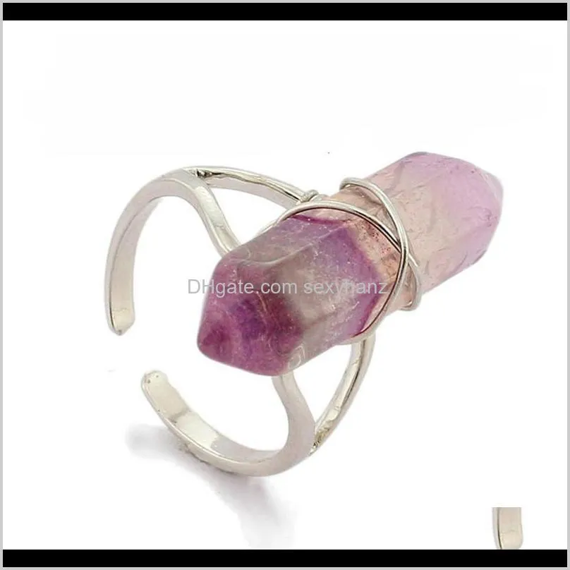 wholesale hexagonal prism rings gemstone rock natural crystal quartz healing point chakra stone charms opening ring for women men designer