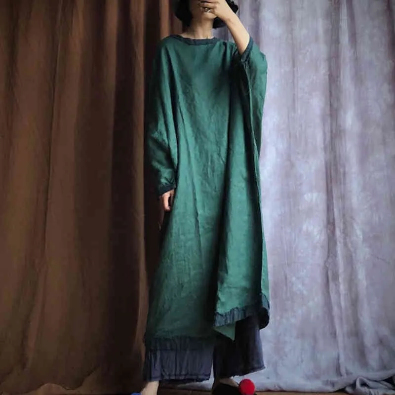 Johnature Autumn Dark Green Loose Batwing Sukienka Sukienka Pościel Casual Vintage Kobiety Retro O-Neck Plus Size Dress 210521