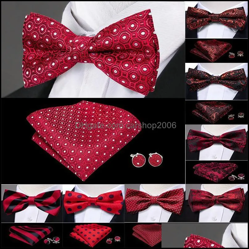 Bow Moda AessóriosBow laços Vermelho Pré-Bowties para homens Silk Borboleta Lattice Hanky ​​Cufflinks Set Collar Removível Gravata Gravata Xmas Festa de Casamento