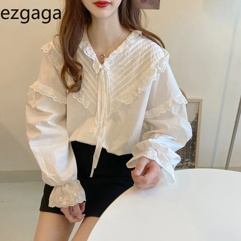 Ezdgaga Bluzka Kobiety Koronki Patchwork Wiosna Koreański Chic Z Długim Rękawem Loose Bandaż Koszulki Dziewczyna Słodkie Moda Topy 210430