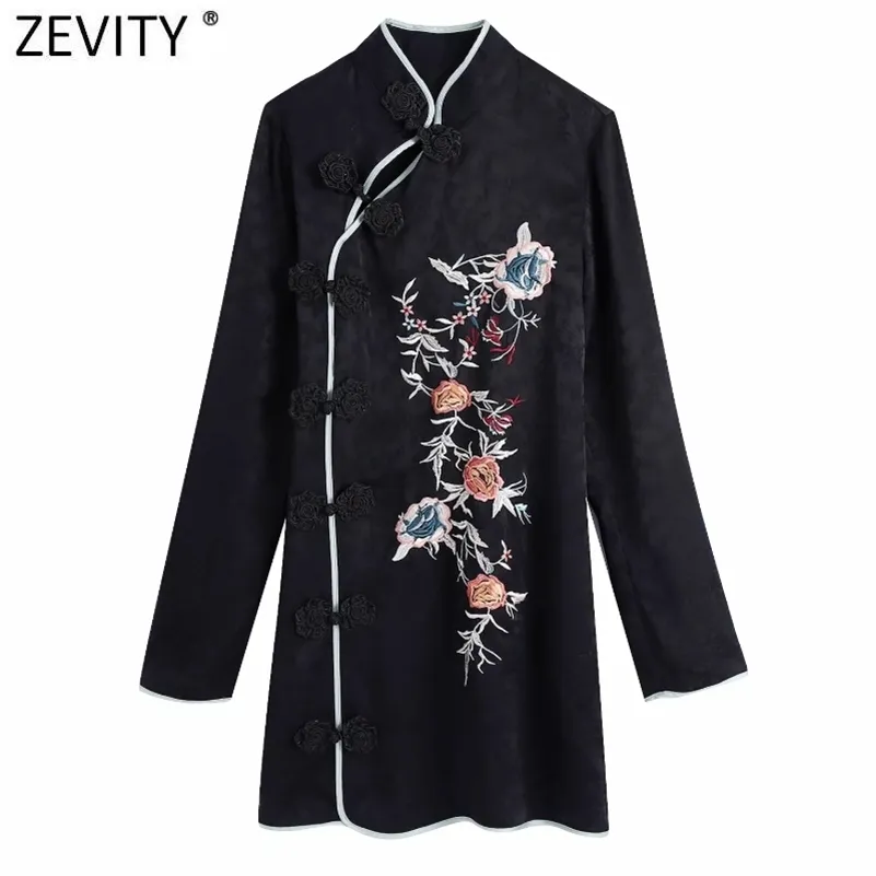 Women Chinese Style Cheongsam Flower Embroidery Jacquard Mini Dress Female Long Sleeve Buckles Casual Slim Vestido DS4800 210416