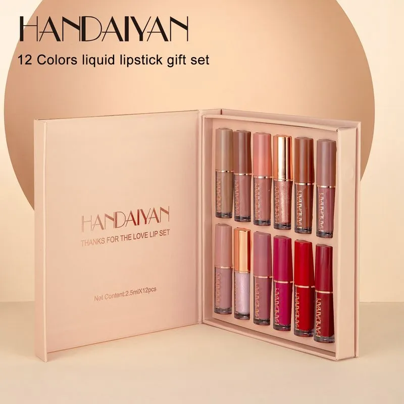 HANDAIYAN book style liquid lip gloss set matte shimmer lipstick makeup 2.5ml*12