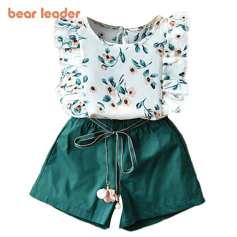 Bear Leader Girls Sets Summer Floral Niños Camiseta sin mangas Pantalones cortos sólidos 2PCS Niños Traje Moda 3-7T Ropa para niños 210708