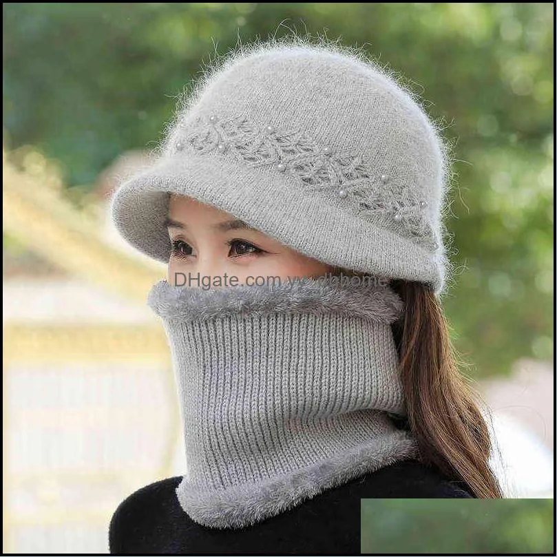 Women Winter Hat Keep Warm Cap Hat & Scarf Set Fashion Hats For Women Casual Rabbit Fur Outdoor Knitted Bucket Hat 211228