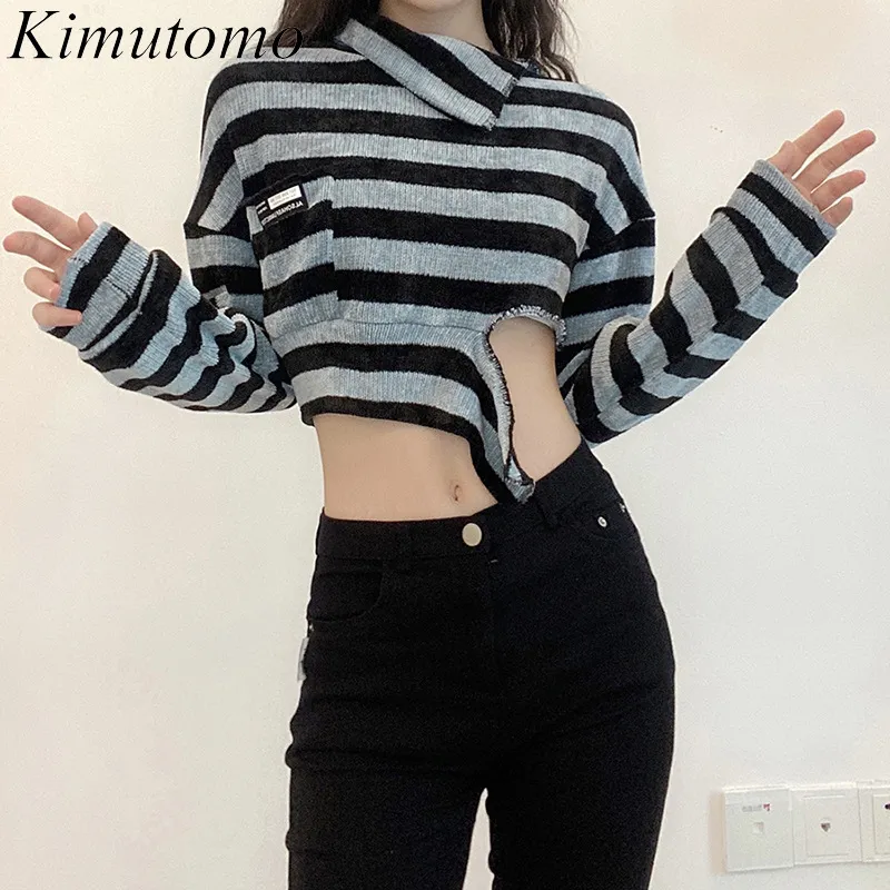 Kimutomo Donne T-shirt a strisce primavera autunno stile occidentale femminile asimmetrico esporre l'ombelico Short Tops Outwear Fashion 210521