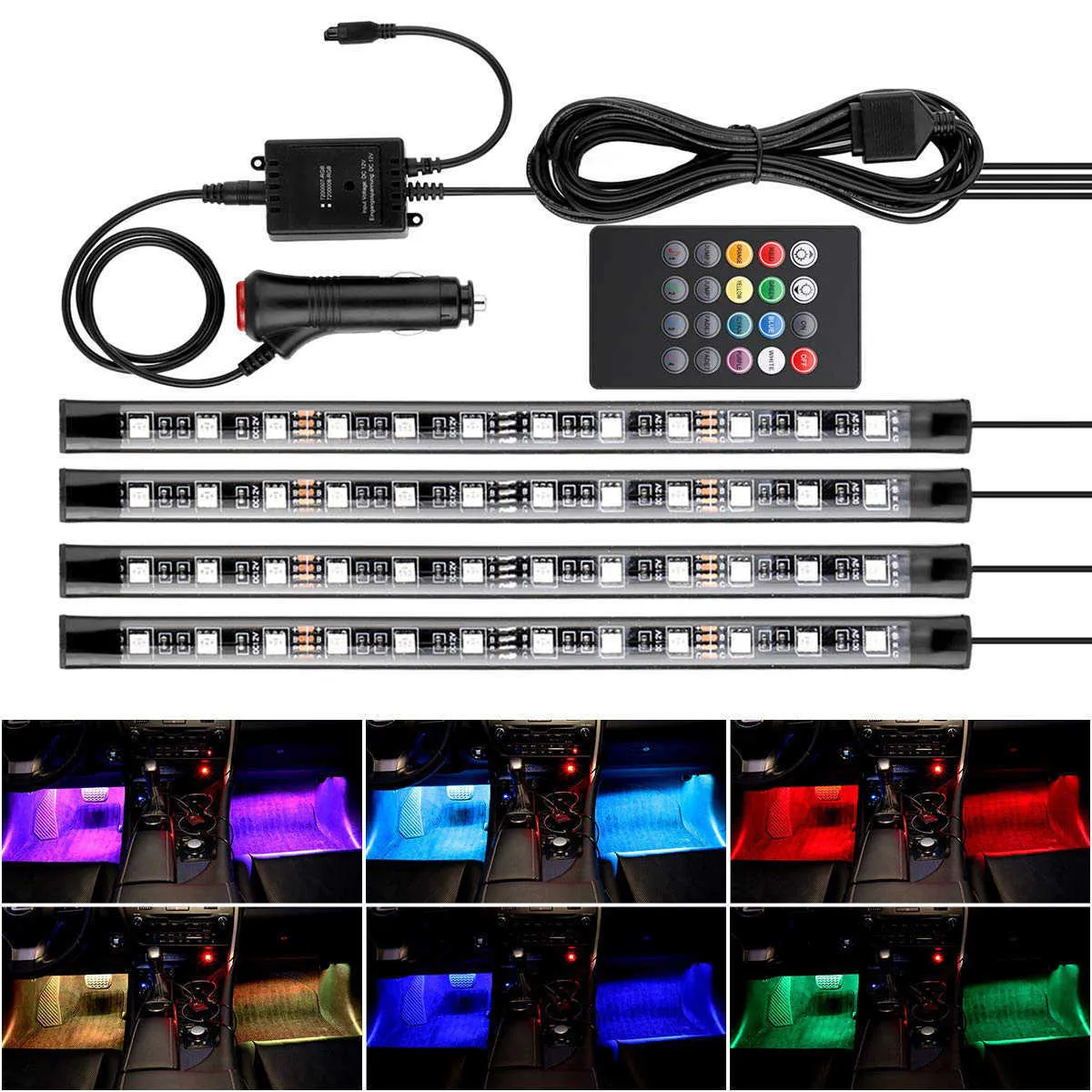 4 unids 12 LED tira de luz interior del coche DC 12 V lámpara de atmósfera  multicolor kit de iluminación con sonido y control remoto inalámbrico para