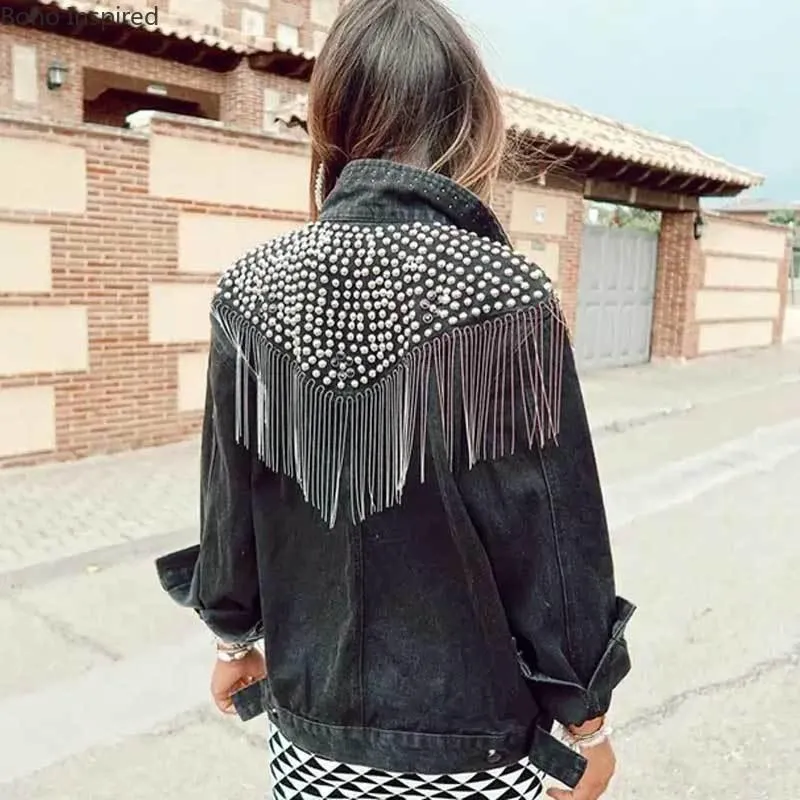 Women's Jackets Boho Inspired Studded Fringe Trim Denim Jacket For Women Vintage Black Long Sleeve Outerwear