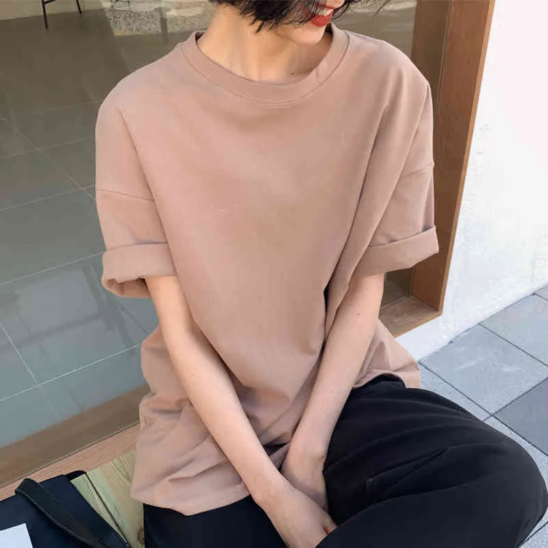 Colorfaith 6 Colors Women T-shirt Casual Short Sleeve Loose Bottoming Solid Female O-Neck Basic Tops Shirt Ladies 678i 210420