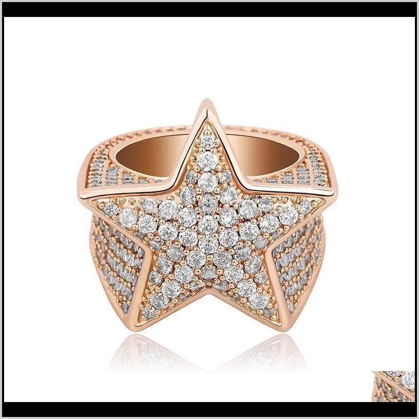 Band Smycken Mens Fashion Exquisite 18k Guld Rhodium Plated Five-Point Star Hip Hop Luxury Bling Zircon Cluster Rings Drop Leverans 2021 T6K