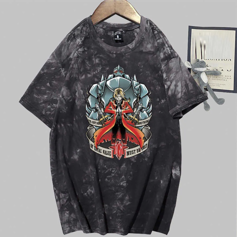Fullmetal Alchemist Anime Short Sleeve Round Neck Tie Dye Casual Loose Uniex T-shirt Y0809