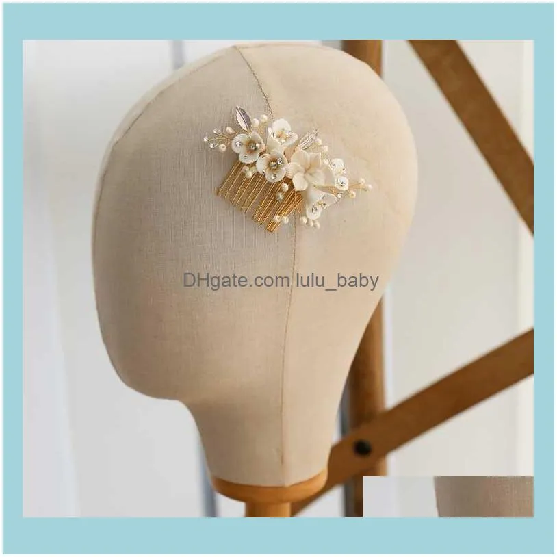 Gold Silver Color Porcelain Flower Bridal Small Comb Pearls Jewelry Handmade Women Wedding Prom Hair Piece Accessories