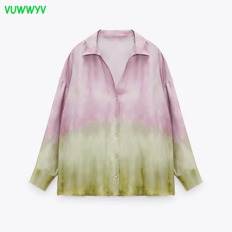 Fashion Pink Tie Dye Oversized Shirt Women Summer Chic Casual Button Up Collar Woman Long Sleeve Asymmetric Hem Tops 210430