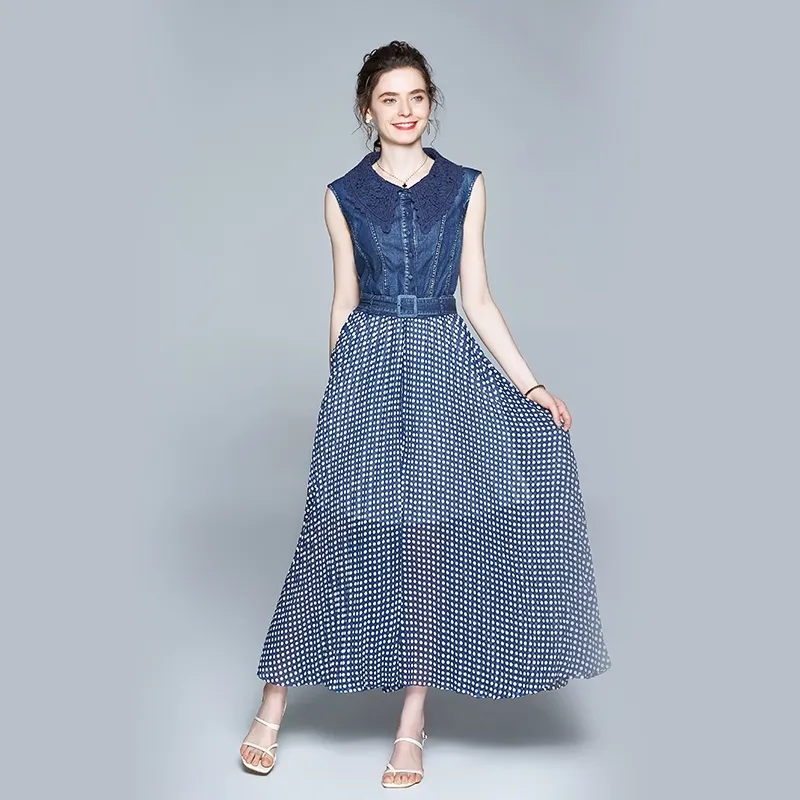 Moda Donna Estate Elegante Abito in denim Femme Vintage Dot Patchwork Designer Runway Senza maniche Abiti lunghi 210520