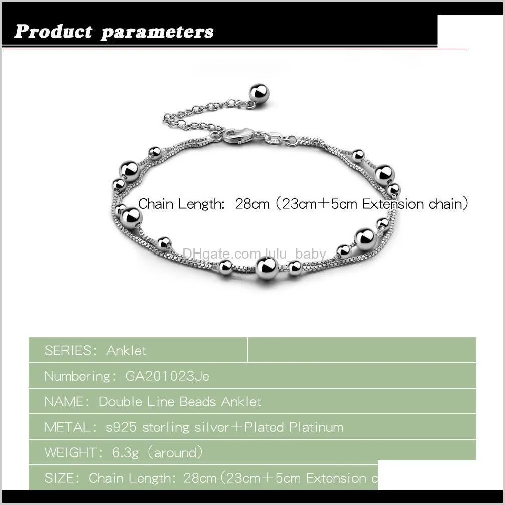 100% 925 sterling silver beach foot anklet for women bohemian simple double chain anklets summer bracelet on the leg jewelry f1219