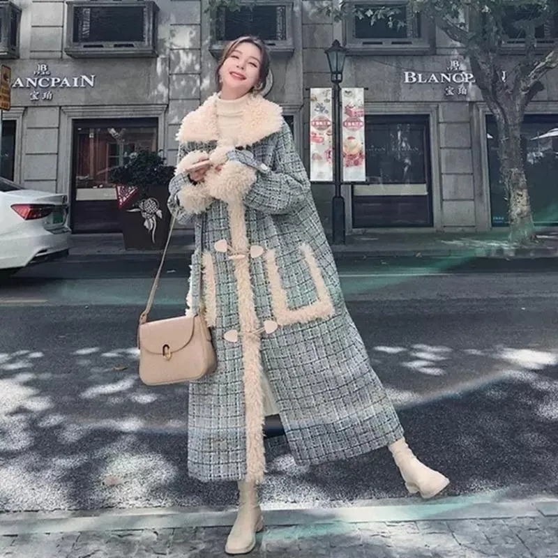 メーカー直売 レディーストレンチコートラムウールステッチグリーンチェック柄ジャケットイギリスのオールマッチファッション暖かい冬のウールの女性カザコスフェミニーノジャケット 激安通販 Alfatehtrading Com