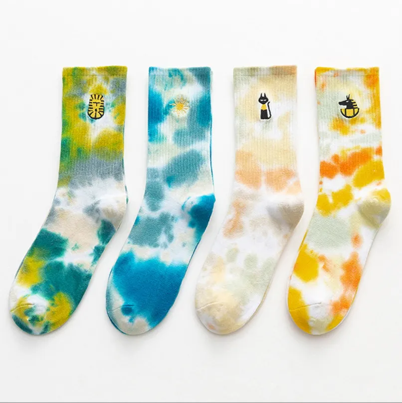 Cartoon Embroidery Tie-dye Men's Socks Original Designer Hip Hop Fashion Skate Adult Women Long Socks with Print Harajuku Socks