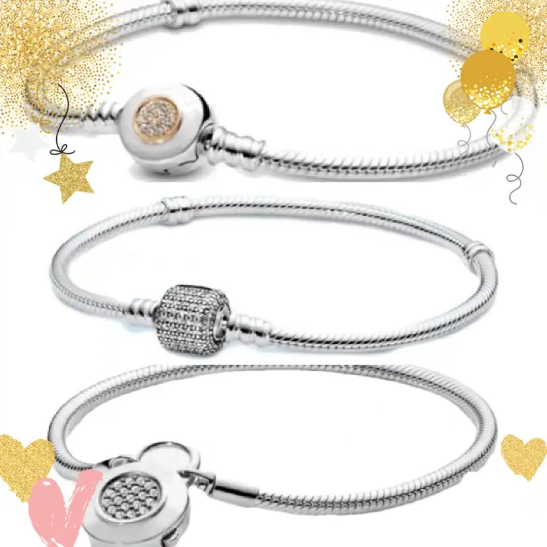 Mode de luxe en argent sterling brins de perles CZ Diamond Bracelet Boîte d'origine Convient pour Pandora 925 Silver Lock Snake Chain Bijoux pour femmes