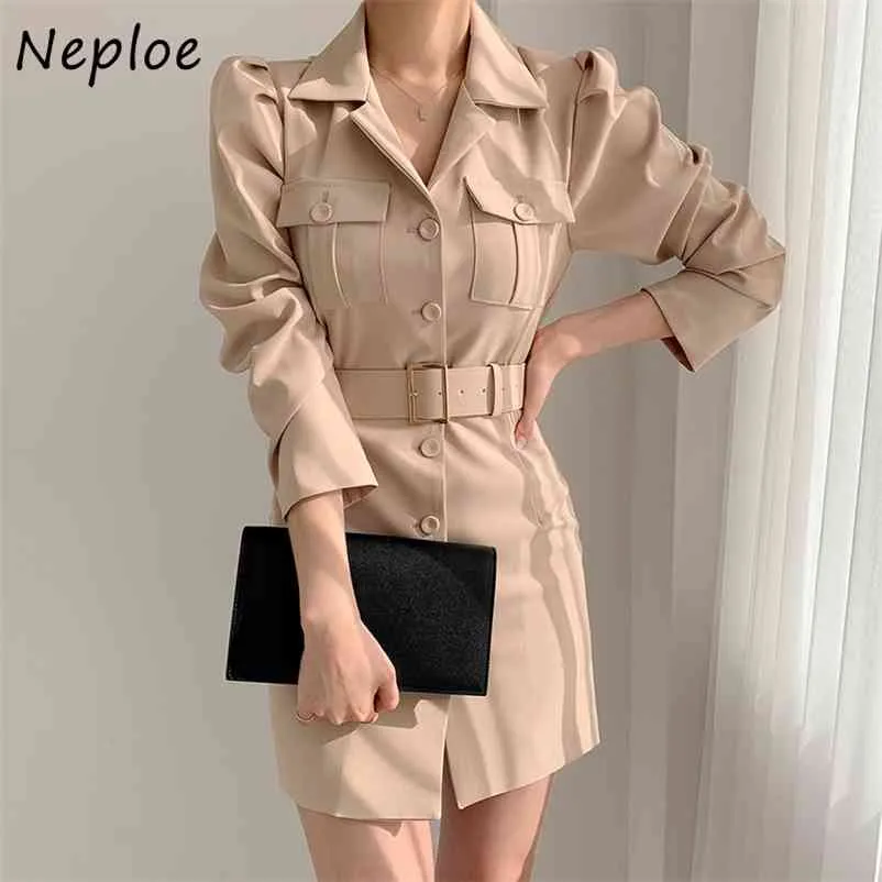 Turn Down Collar Long Sleeve Single Breast Dress Women High Waist Hip Sashes Straight Vestidos Work Style Ol Solid Robe 210422