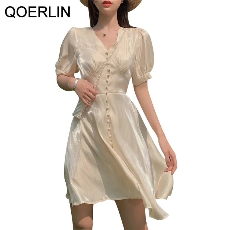 サテンの女性のドレス夏のエレガントな短いミニレディースVネックスリーブシングルブレストハイウエストスリムS-XL 210601