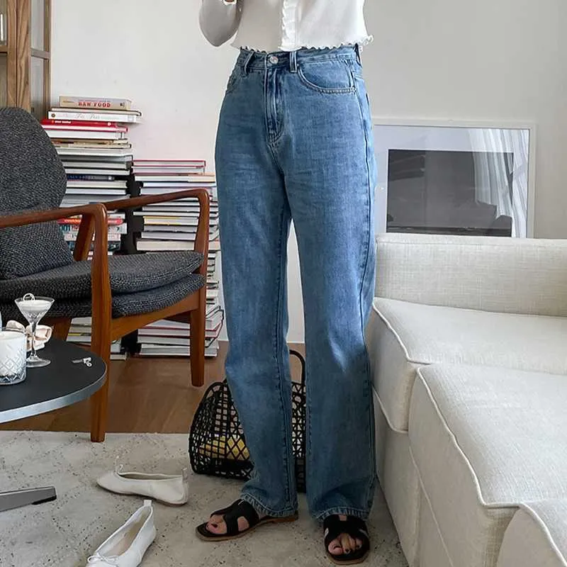 Wiosna Solidne Eleganckie spodnie Koreańska Moda Proste Dżinsy Dżinsy Vintage Ins Retro Casual High Waist Spodnie 13A267 210525