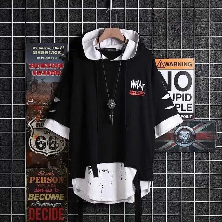 super Fire Ribbon Hooded Hip Hop Short Sleeve Hip Hop Fashion T-shirt Men's Fake Two-piece Street Bf Loose Five Sleeve T-shirt Y0809