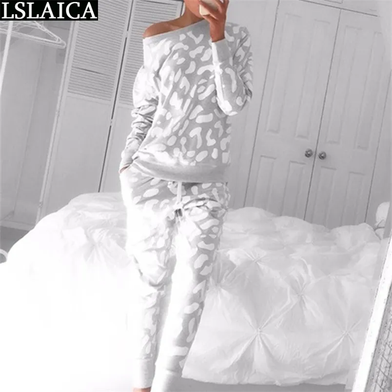 Casual Wear Ladies Pyjamas Lös rund hals Print Hem Loungewear Fashion Höst Vinter Långärmad Kvinnor Två Piece Outfits 210515