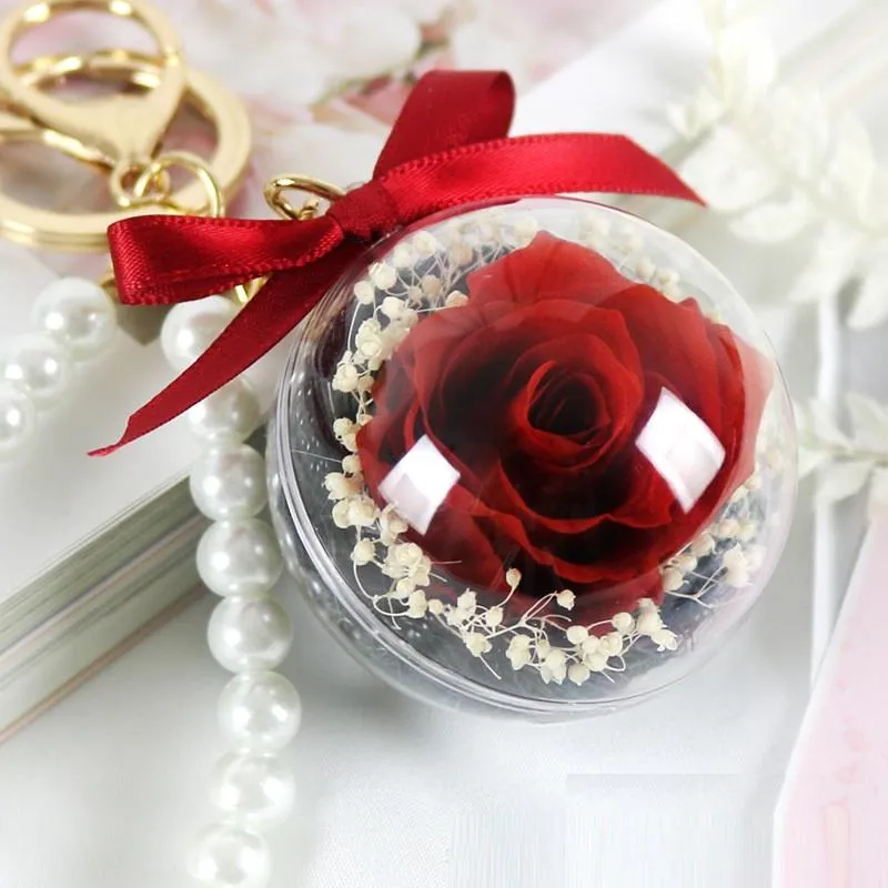 Eternal Flower Keychain Clear Acrylic Ball Transparent Sphere 5CM Rose Key Ring Valentines Gift Wedding Favors