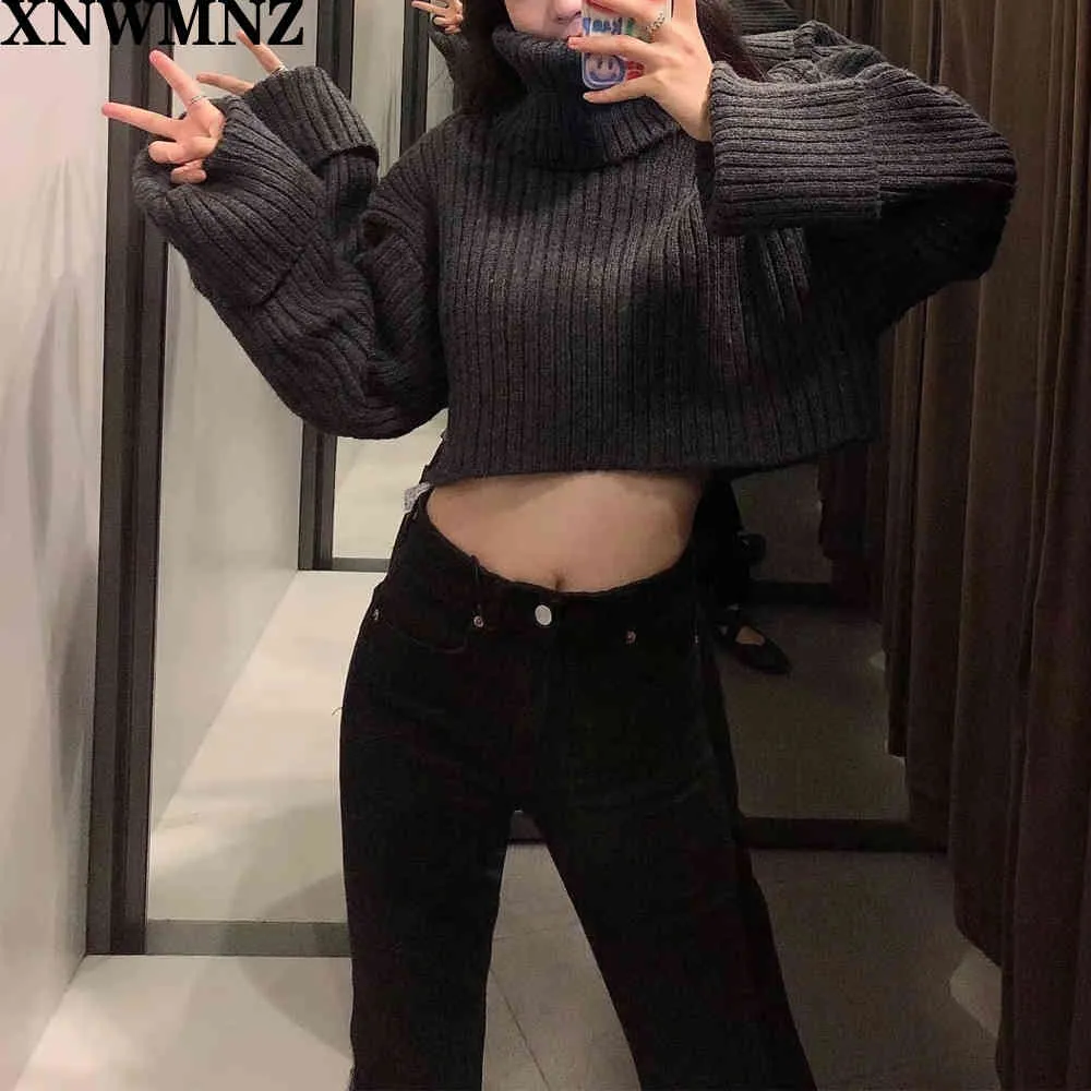 Women Vintage Cropped Knit Sweater Ribbed Top High Neck Long Turn Up Sleeve Female Chic Crop Tops 210520 From 24 07 DHgate