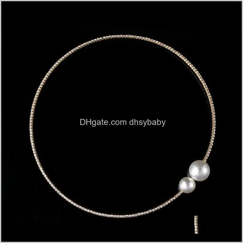 Elegant Delicate Crystal Rhinestone Choker Necklace Big Pearl Charm Single Strand Faux Pearl Necklace Diamond Collar for Women