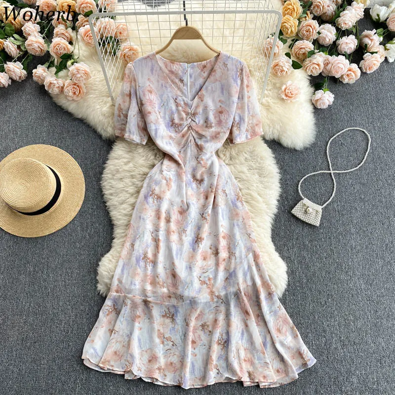 chiffon korean floral dress Women's Floral Dress Korean-style Waist Trimming Short-sleeved Chiffon
