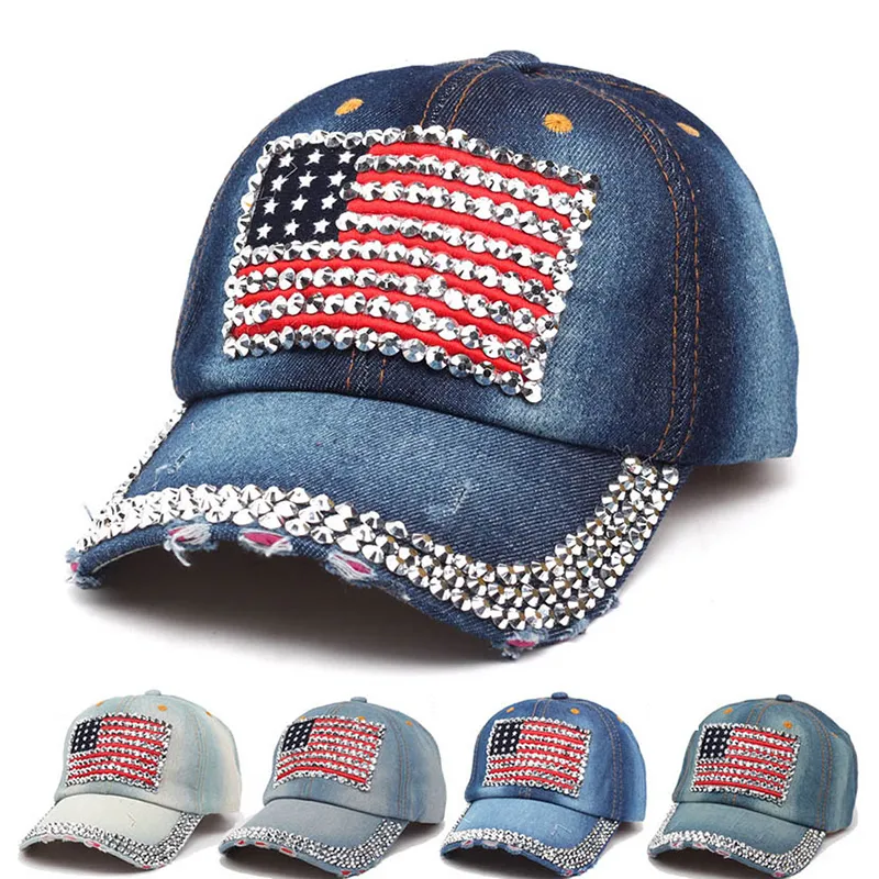 Bandera americana retro vaquero sombrero de moda diseñador de moda diamante tachonado tachonado pico ajustable al aire libre viaje sol sombreros 5 colores