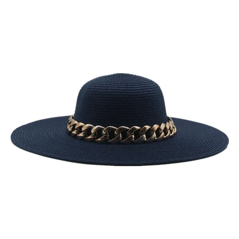 Cappelli a tesa larga Donna Estate Cupola solida Grande fascia a catena da 11 cm Paglia da sole Bianco Nero Secchio Panama Protezione da spiaggia Cappellini da uomo