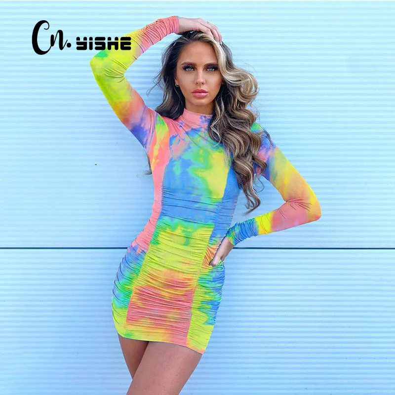 CNYISHE TIE DYE RUCHED Casual Dress Kvinnor Långärmad Turtleneck StreetWear Skinny Dresses Fashion Bodycon Dress Kvinna Robes 210419