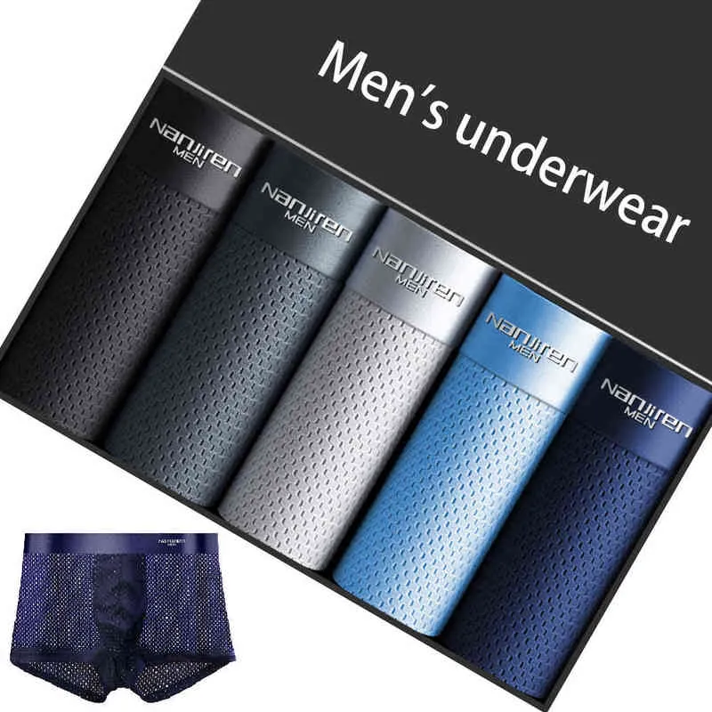 Män Andas Boxer Shorts Soft Boxers för Herrbyxor Mens Underbyxor Man Is Silk Mesh Sexig Underkläder Solid BoxersHorts H1214