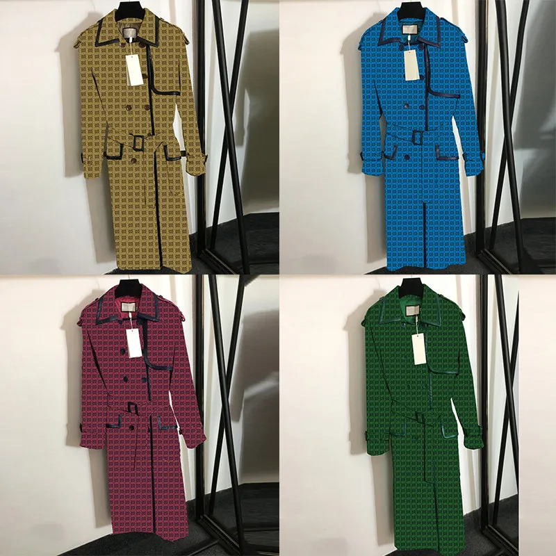 Multi -kleuren dubbele letter Jacquard Trench Coats vrouwen herfst winter windjas jas riem taille stiksel lederen binding overjas 4 kleuren met tags