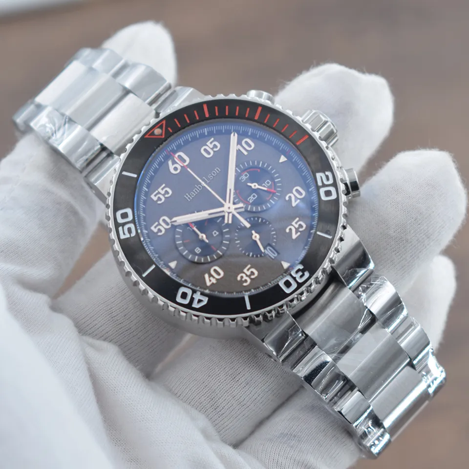 Mens Sport Watch Japan VK Quartz movement Chronograph Grey dial Wristwatches Steel Case racing car Black calendar uhr hanbelson