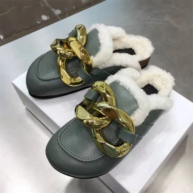 Autumn Chain Decorate Slippers Female Genuine Leather Fur Comfy Casual Flat Loafers Shoes Big Size Mules Shoe Women 2021