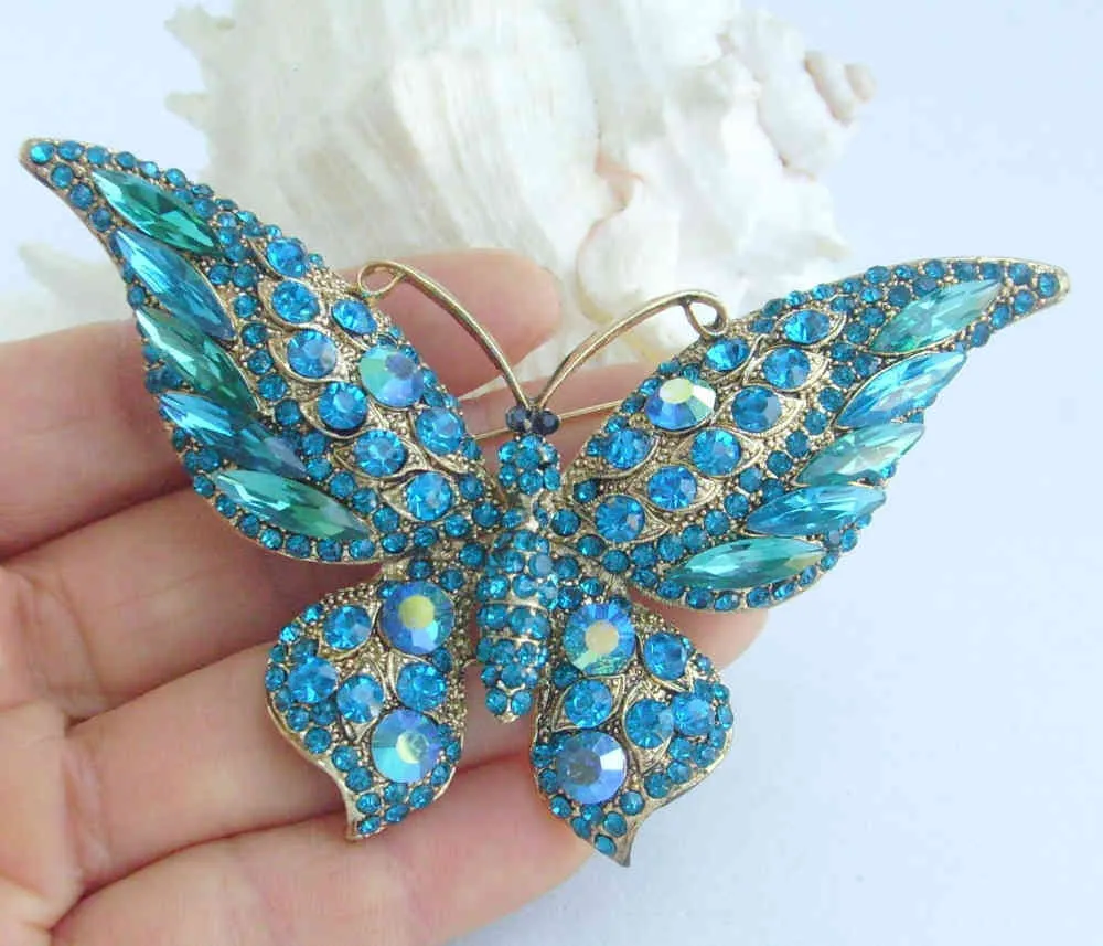 Bonito Borboleta Brooch Pin Pingente Azul Verde Strass Crystal EE04538C5