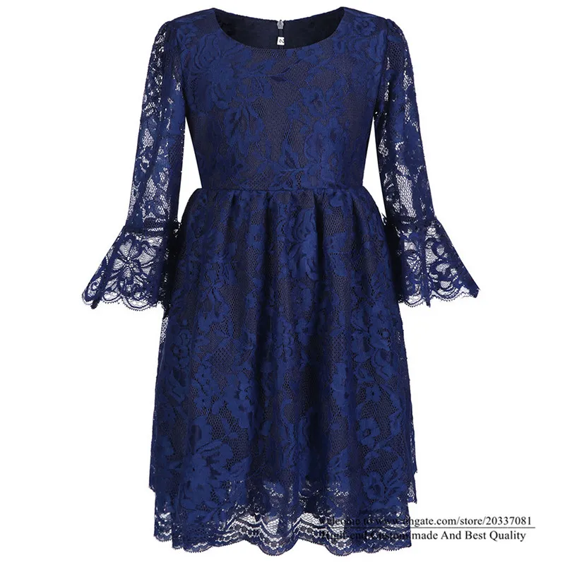 2021 Pretty Princess Royal Blue Lace Flower Girl Dresses Long Sleeve Girls Pageant Gown Communion For Wedding Formal Party F10