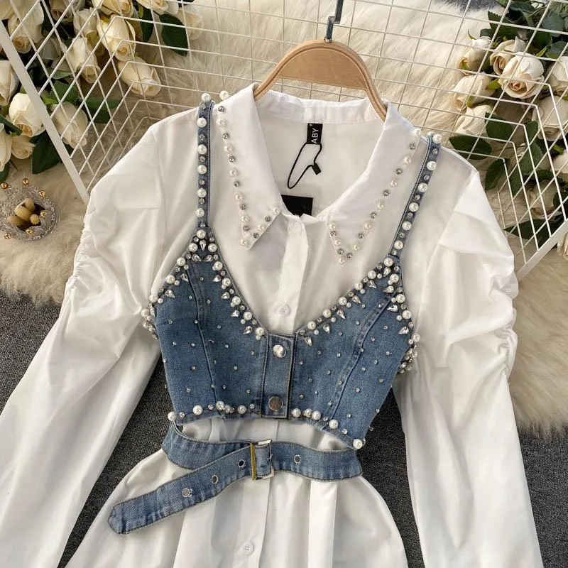 2021 High End White Denim Vest With Diamond Pearl Accents