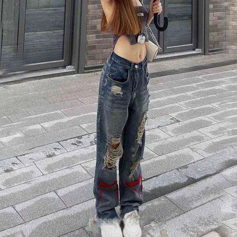 Vintage zerrissene Jeans Denim Hippie-Hose Hip Hop tun alte gerade Bein Frauen niedrige Taille Grunge Loch Streetwear Y2K 211129