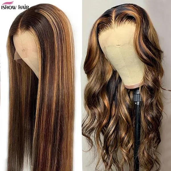 Ishow Brazilian Pre-Plucked Transparent HD Lace Front Wig Highlight Straight Menselijk Haar Pruiken 13x4 13x6 5x5 4x4 Hoofdband Lichaam Los Diep Krullend 4/27 Bruine Kleur voor Vrouwen