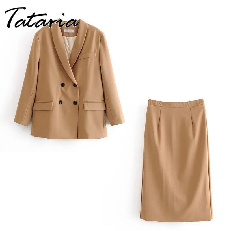 Tataria Women Blazer Suits set for women Autumn Doule Breasted Pink High Waist Skirt Office Lady Sets 210514