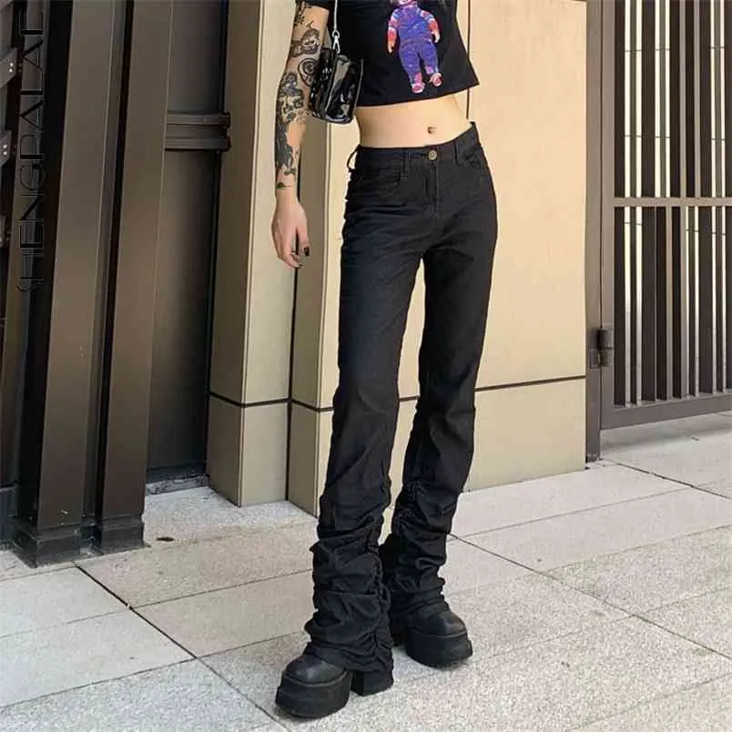 Personlaity Black Jeans Women's Summer High Waist Streetwear Slim Folds Denim Flare Pants Female Tide 5C585 210427