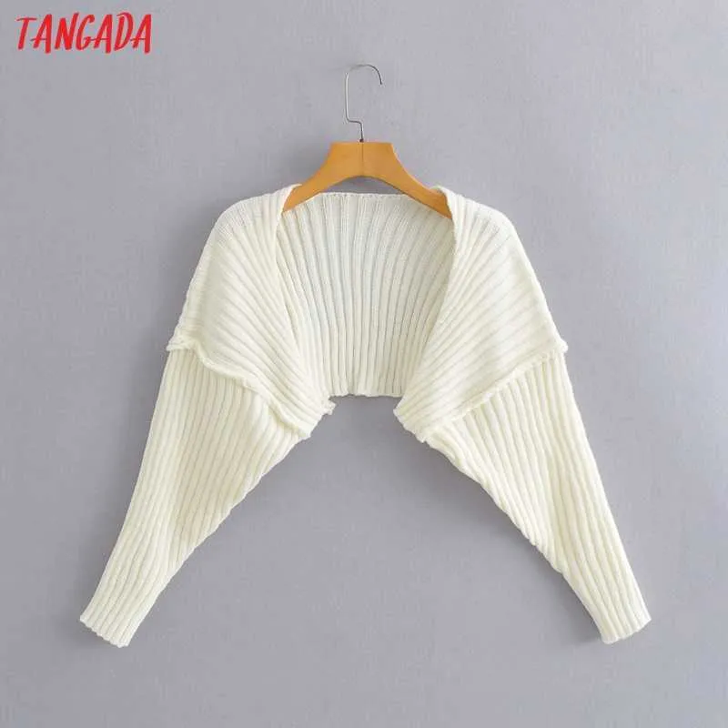 Tangada Women Beige Crop Cardigan Vintage Jumper Lady Fashion Oversized Knitted Cardigan Coat BC59 210609