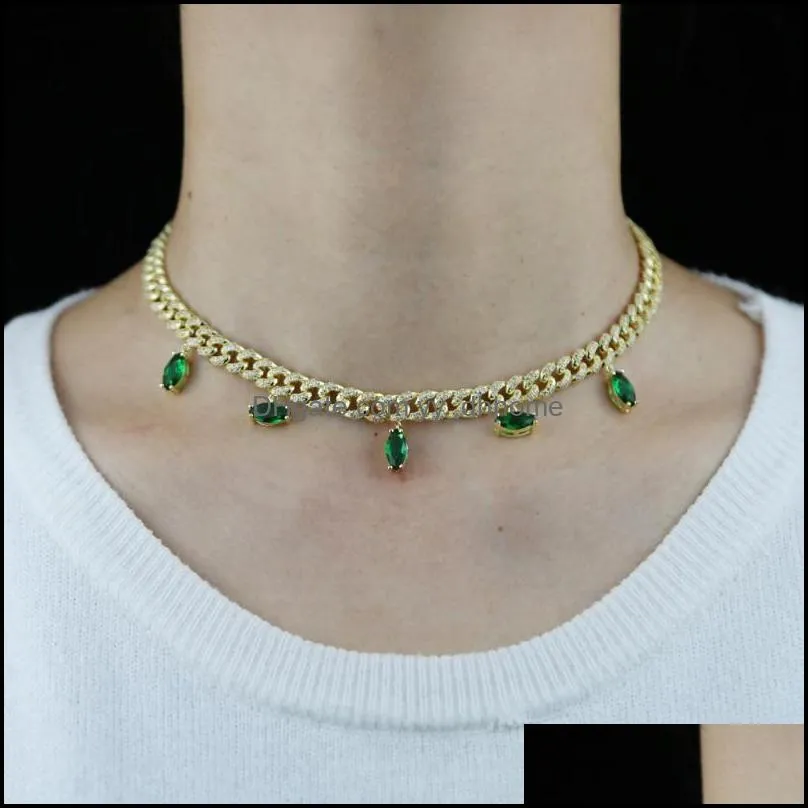 Chokers 2021 Gold Color Fashion Women Geometric Cubic Zirconia Drop Cuban Link Chain White Green Pink CZ Charm Choker Necklace 32+10cm