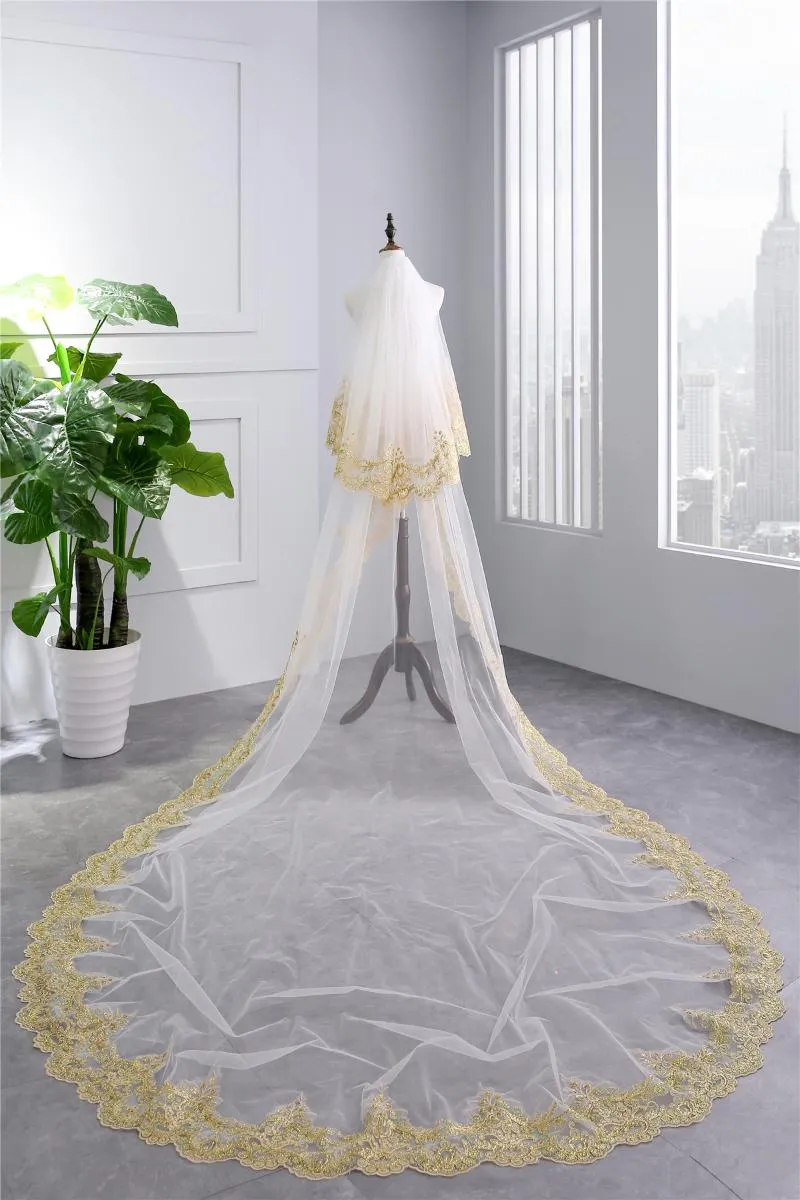 신부 베일 2021 아플리케 웨딩 베일 골드 레이스 가장자리 긴 액세서리 3.5 미터 화이트 아이보리 얇은 명주 그물
