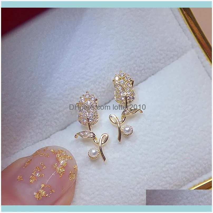 Korea Selling Fashion Jewelry 14K Real Gold Plating Copper Zircon Earrings Elegant Tulip Women`s Wedding Party Stud