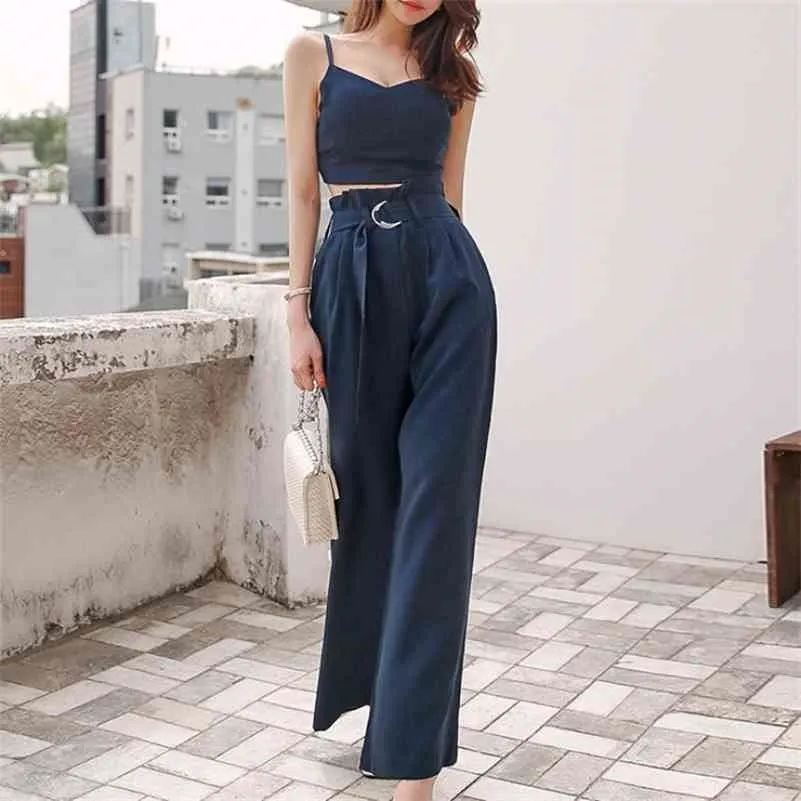 Women's summer Korean version of the temperament exposed navel sling high waist was thin and loose wide leg pants suit 210416